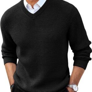 Mens V Neck Sweater Casual Waffle Knitted Pullover Slim Fit Fall Winter Basic Warm Sweaters